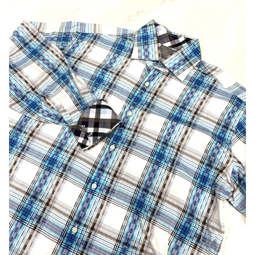 Thomas Dean‎ Flip Cuff Button Up Shirt Mens Large Plaid Preppy Office Casual
